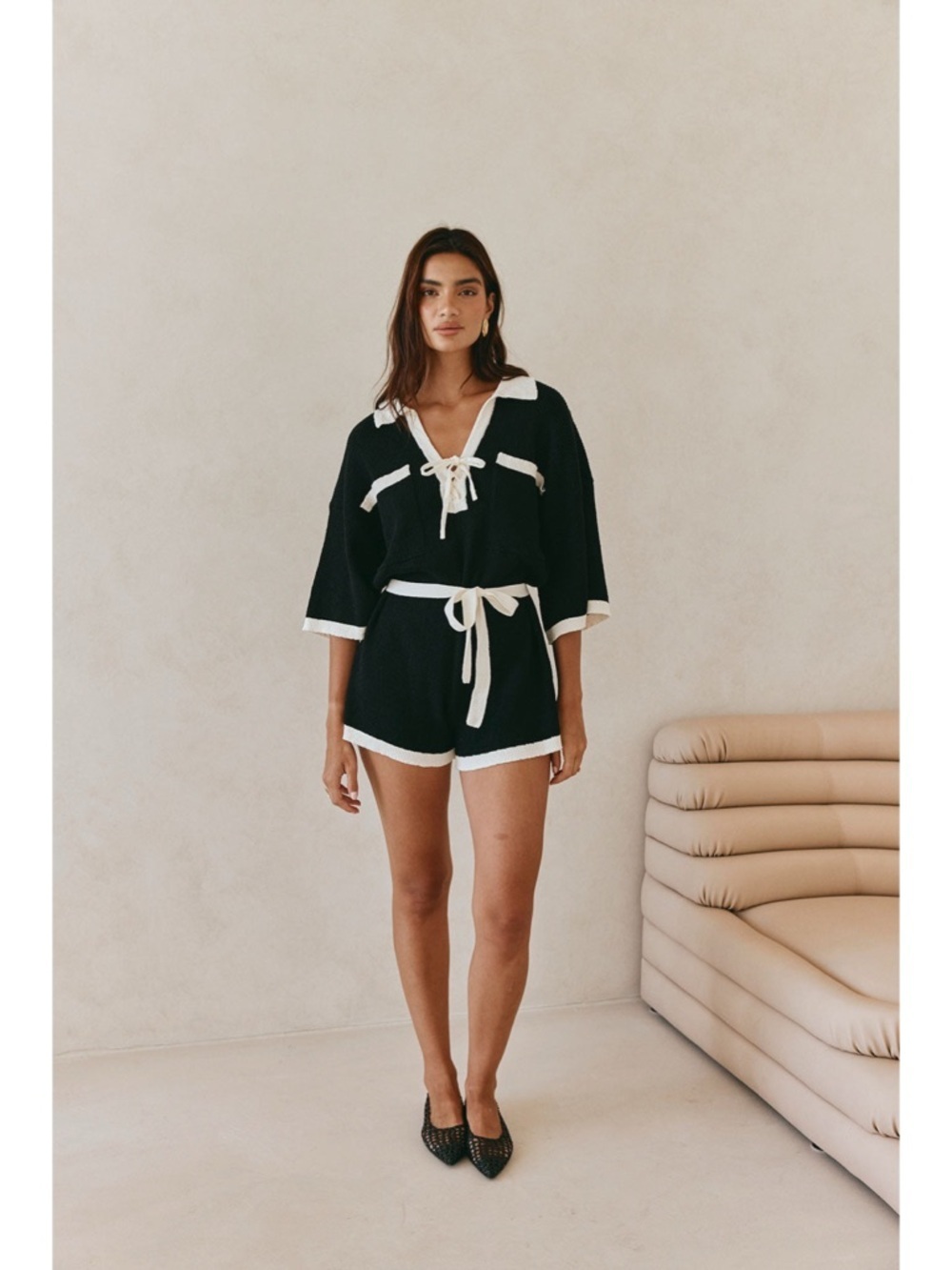 Sz XS Sabo Oversized Black & White Collar V Neck Sammi Playsuit Romper NWT - Picture 5 of 7